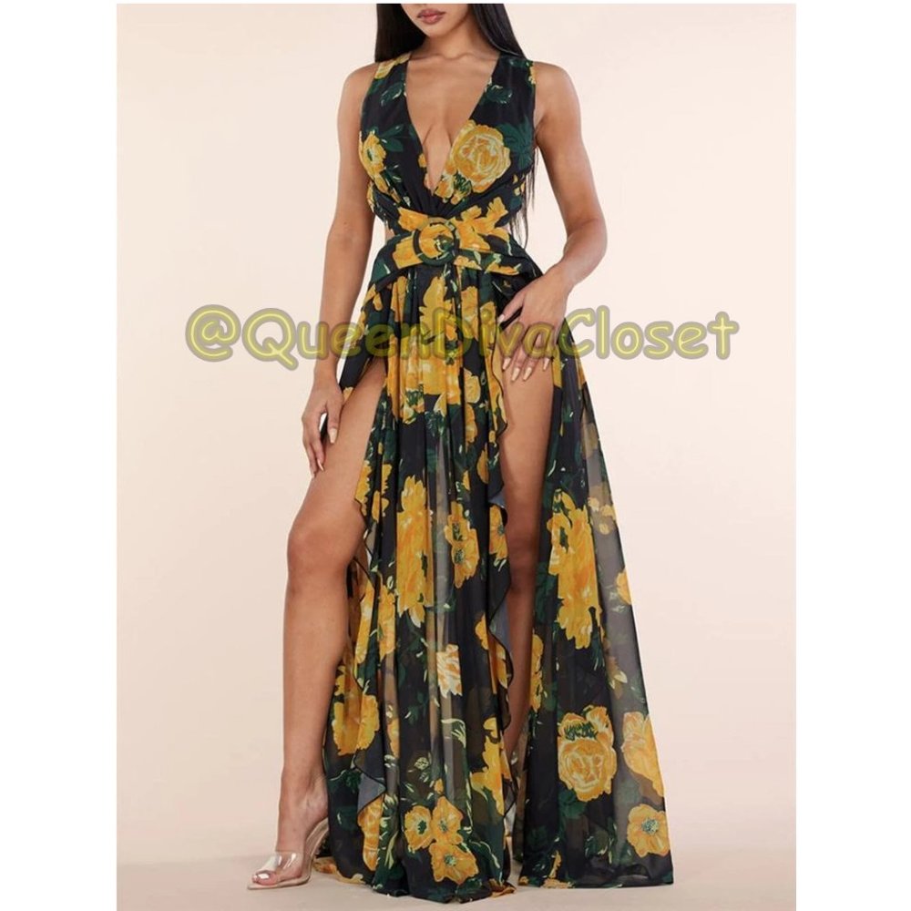 New Yellow Black Floral Double Slit Ruffle Cut out Open Back Lace Up Maxi Dress - Picture 7 of 9